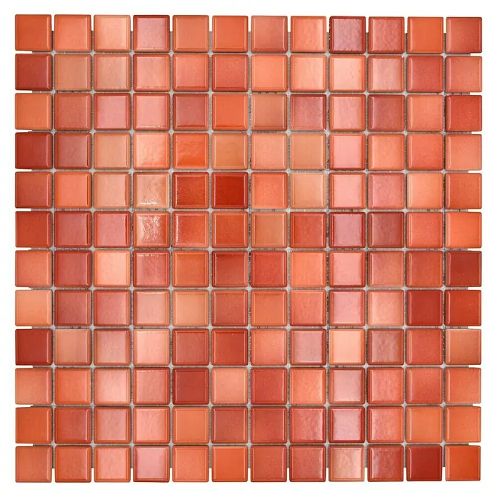 Mosaikfliese JAB 23F218 mix red - 29,7 x 29,7 cm, Mix Brick Rot, Glänzend - Orangefarbene Glasmosaikfliese mit quadratischem Muster für stilvolle Wand- und Bodengestaltung im Innenbereich.