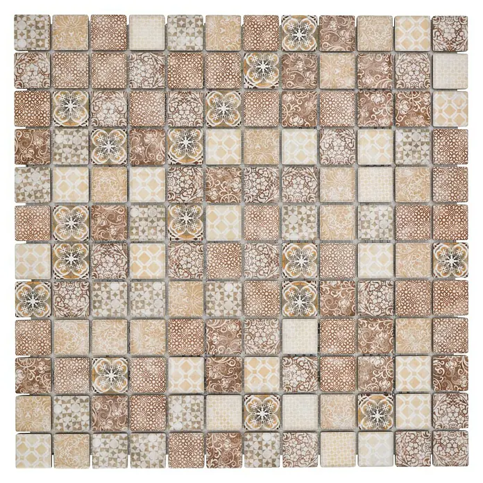 Mosaikfliese JAB 23PV01 beige - 29,7 x 29,7 cm, Beige/Braun, Matt - Beige und braune Mosaikfliesen mit verschiedenen Mustern bilden ein elegantes quadratisches Fliesenmuster für den Innenbereich.