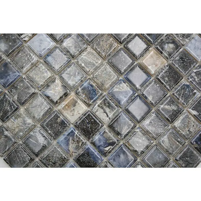 Mosaikfliese JAB 23MM22 dark - 29,7 x 29,7 cm, Anthrazit/Blau, Glänzend - Nahaufnahme eines Mosaiks aus quadratischen Fliesen in verschiedenen Grau- und Blautönen, ideal für moderne Wand- und Bodengestaltungen.