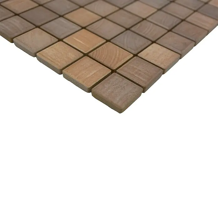 Mosaikfliese JAB 23SB03 oak - 29,7 x 29,7 cm, Eiche, Matt - Detailaufnahme eines Mosaiks aus quadratischen Holzfliesen in verschiedenen Brauntönen, ideal für Wand- und Bodengestaltung.