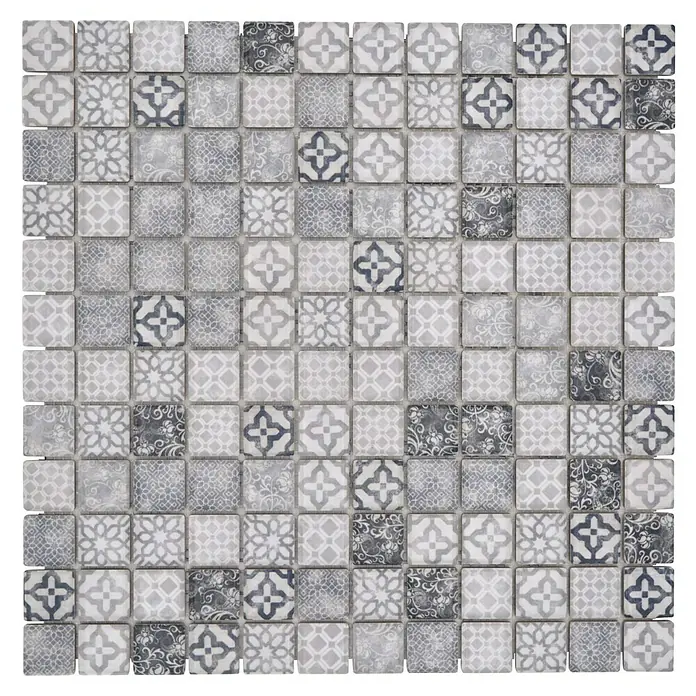 Mosaikfliese JAB 23PV02 grey - 29,7 x 29,7 cm, Grau, Matt - Quadratisches Mosaikfliesenmuster in Grau- und Weißtönen mit verschiedenen geometrischen und floralen Designs für vielseitige Anwendungen.