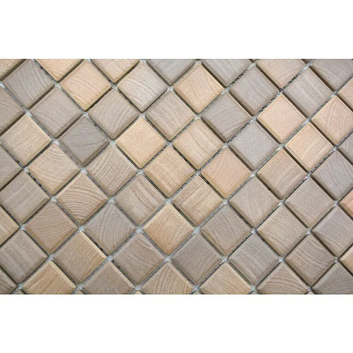 Mosaikfliese JAB 23SB03 oak - 29,7 x 29,7 cm, Eiche, Matt - Nahaufnahme von quadratischen Fliesen mit Holzmaserung, die in einem sich wiederholenden diagonalen Muster angeordnet sind.