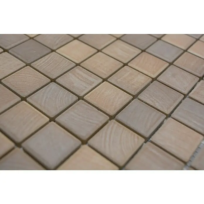 Mosaikfliese JAB 23SB03 oak - 29,7 x 29,7 cm, Eiche, Matt - Nahaufnahme eines Mosaiks aus quadratischen Holzfliesen in verschiedenen Braun- und Beigetönen, die ein natürliches Muster bilden.