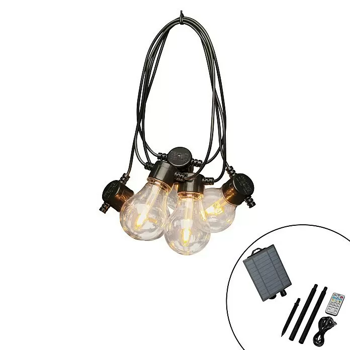 Konstsmide LED-Lichterkette - Außen, 4,5 cm, Bernstein, Oval, Solarbetrieben - Solarbetriebene Lichterkette mit fünf warmweißen LED-Filamentbirnen, schwarzer Verkabelung und Solarpanel, Erdspießen, Fernbedienung.