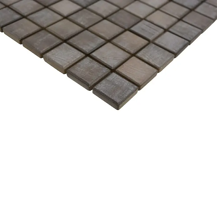 Mosaikfliese JAB 23SB22 shabby chic brown - 29,7 x 29,7 cm, Shabby Brown, Matt - Nahaufnahme von quadratischen Holzfliesen in verschiedenen Brauntönen, die ein einzigartiges Mosaikmuster bilden.