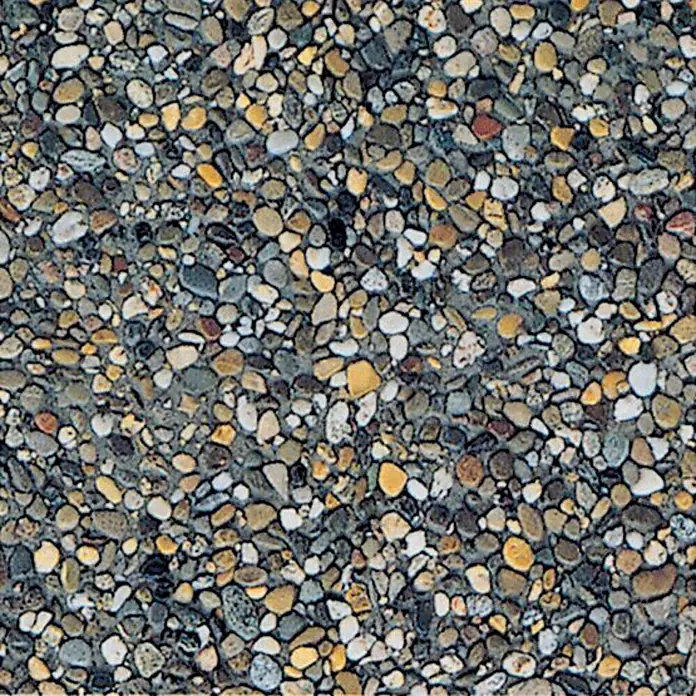 EHL WaschbetonplatteGrau, 40 x 60 x 4 cm - Bild einer Betonoberfläche mit freigelegten Kieselsteinen in verschiedenen Farben, die eine robuste und natürliche Optik erzeugt.