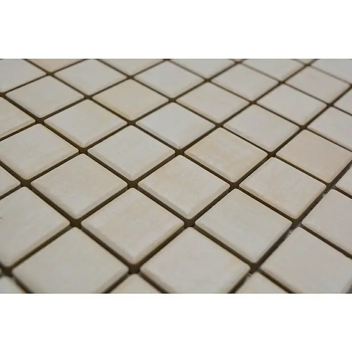Mosaikfliese JAB 23SB21 acer - 29,7 x 29,7 cm, Ahorn, Matt - Nahaufnahme von beigen quadratischen Holzfliesen, die ein geometrisches Muster bilden und sich für dekorative Projekte eignen.