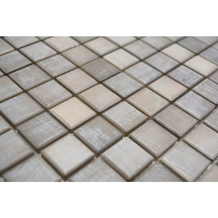 Mosaikfliese JAB 23SB22 shabby chic brown - 29,7 x 29,7 cm, Shabby Brown, Matt - Nahaufnahme von quadratischen Mosaikfliesen in verschiedenen Brauntönen, die ein attraktives Muster bilden.