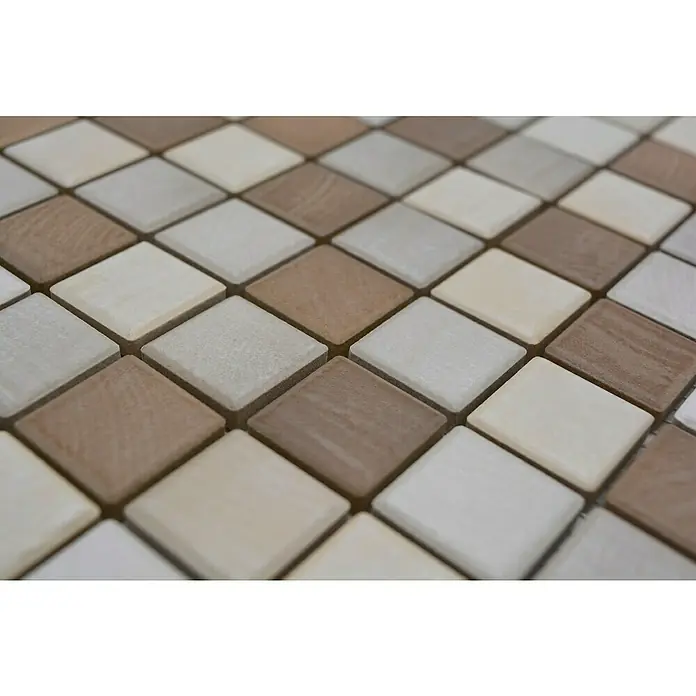 Mosaikfliese JAB 23SB05 mix wood - 29,7 x 29,7 cm, Beige/Braun, Matt - Detailaufnahme eines Mosaiks aus beigen und braunen Keramikfliesen, die ein dekoratives Muster für Badezimmer oder Küchenrückwände bilden.