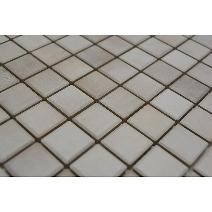 Mosaikfliese JAB 23SB04 shabby chic - 29,7 x 29,7 cm, Braun/Beige/Hellgrau, Matt - Nahaufnahme von beigen quadratischen Mosaikfliesen, die ein stilvolles und modernes Muster für Wand- oder Bodendesign bilden.