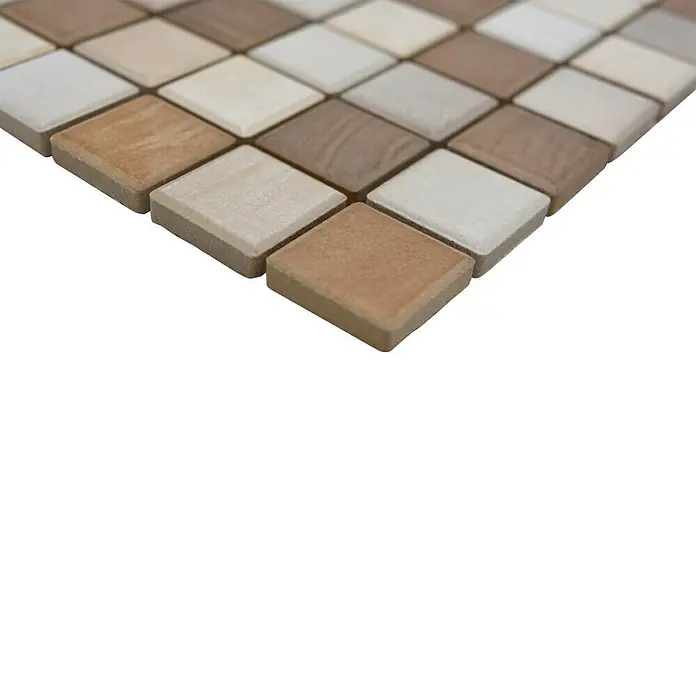 Mosaikfliese JAB 23SB05 mix wood - 29,7 x 29,7 cm, Beige/Braun, Matt - Nahaufnahme von quadratischen Mosaikfliesen in verschiedenen Beige- und Brauntönen, die ein Schachbrettmuster bilden.