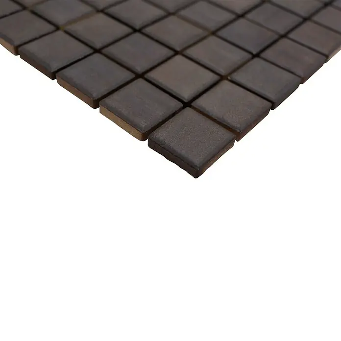 Mosaikfliese JAB 23SB28 wenge - 29,7 x 29,7 cm, Wenge, Matt - Nahaufnahme von braunen quadratischen Mosaikfliesen, die eine moderne und elegante Textur für Innenräume schaffen.