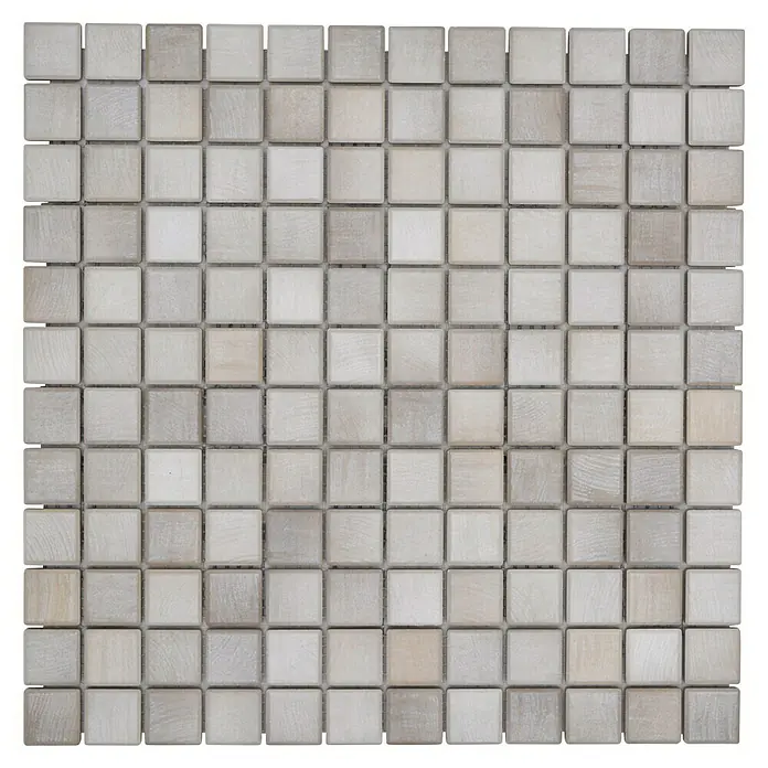 Mosaikfliese JAB 23SB04 shabby chic - 29,7 x 29,7 cm, Braun/Beige/Hellgrau, Matt - Nahaufnahme von einem quadratischen Mosaikfliesenmuster in verschiedenen Grautönen, ideal für moderne Wand- oder Bodendesigns.