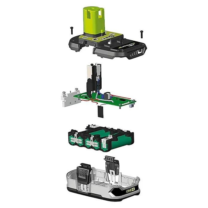 Ryobi ONE+ Batería - 18 V, 1,5 Ah - Vista explosionada de un paquete de batería, mostrando componentes internos como celdas y placa de circuito.\n