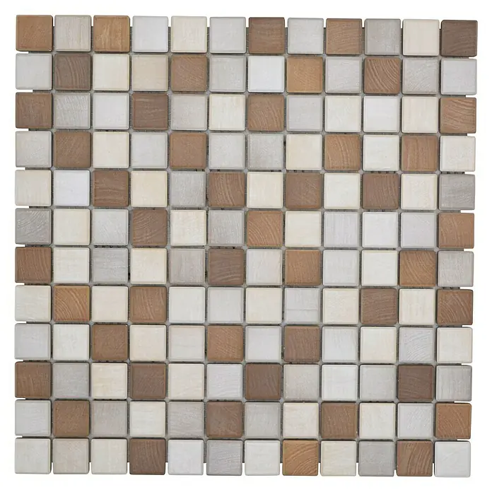 Mosaikfliese JAB 23SB05 mix wood - 29,7 x 29,7 cm, Beige/Braun, Matt - Nahaufnahme von quadratischen Mosaikfliesen in Beige-, Braun- und Grautönen, die ein dezentes und natürliches Muster ergeben.\n