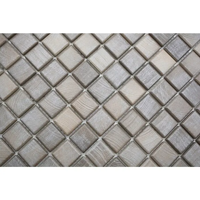 Mosaikfliese JAB 23SB22 shabby chic brown - 29,7 x 29,7 cm, Shabby Brown, Matt - Nahaufnahme von quadratischen Mosaikfliesen in verschiedenen Grautönen mit dezenter Holzmaserung für Wand- oder Bodengestaltung.