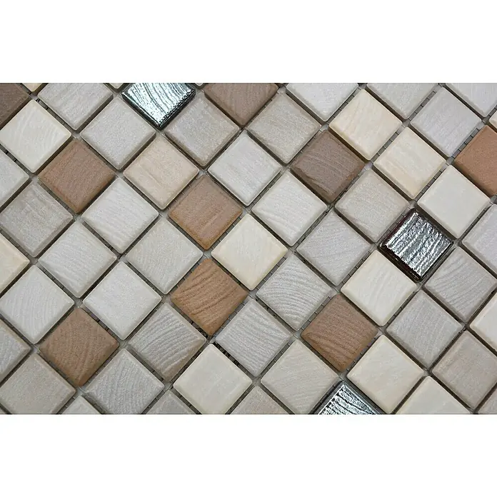 Mosaikfliese JAB 23SB06 mix wood metallic - 29,7 x 29,7 cm, Braun/Beige/Silber, Matt - Nahaufnahme von quadratischen Fliesen in verschiedenen Farbtönen, einschließlich Beige, Braun und Silber, die eine strukturierte Oberfläche bilden.