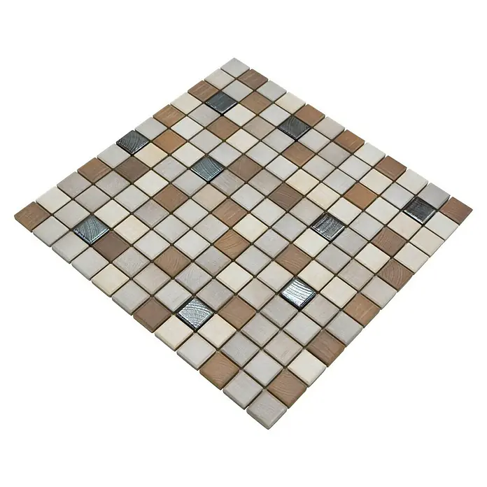 Mosaikfliese JAB 23SB06 mix wood metallic - 29,7 x 29,7 cm, Braun/Beige/Silber, Matt - Nahaufnahme eines Mosaikfliesenmusters in neutralen Farben mit silbernen Akzenten, ideal für stilvolle Wand- oder Bodengestaltung.