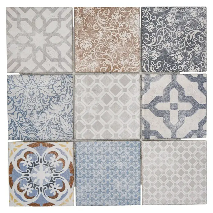 Mosaikfliese JAB 97PV20 multi colour - 29,7 x 29,7 cm, Mehrfarbig, Matt - Eine Nahaufnahme von neun quadratischen Dekorfliesen mit verschiedenen Mustern und Farben, ideal für Küche oder Bad.