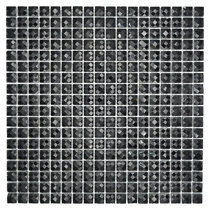 Mosaikfliese Quadrat Crystal Glitzer XCM BL824 - 30 x 30 cm, Schwarz, Glänzend - Nahaufnahme einer schwarzen Mosaikfliese mit funkelnden Facetten, die ein elegantes und modernes Design für Innenräume bietet.