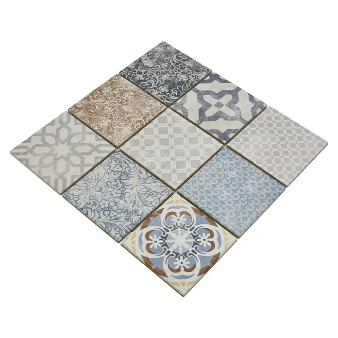 Mosaikfliese JAB 97PV20 multi colour - 29,7 x 29,7 cm, Mehrfarbig, Matt - Quadratische dekorative Fliesen für Wand- oder Bodenbeläge mit verschiedenen Vintage-Mustern in Grau, Beige und Blau.