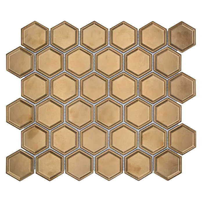 Mosaikfliese Hexagon Bronze HX 09BR - 32,5 x 28,1 cm, Bronze, Glänzend - Nahaufnahme einer goldenen Sechseckfliese. Einzigartige Textur mit modernem Design und perfekter Ästhetik für jeden Raum.