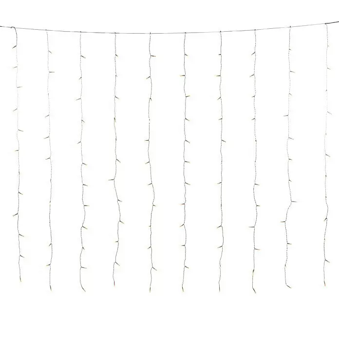 Konstsmide LED-Lichtervorhang - Innen, 140 cm, Bernstein, 120 Stk., Netzbetrieben - Warm getönte LED-Lichterkette mit kleinen Glühbirnen, vertikal an einem horizontalen Draht hängend.
