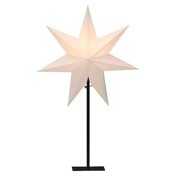 Konstsmide Standstern 7 Zacken - Weiß, Schwarz, Netzbetrieben - Weiße, leuchtende sternförmige Lampe auf schwarzem Ständer.