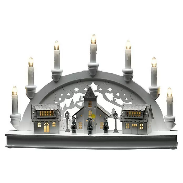 Konstsmide LED-Holzsilhouette Häuser - 10 x 43 x 28 cm, Weiß, Batteriebetrieben, Warmweiß - Vorderansicht