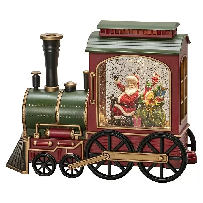 Konstsmide LED-Schneelaterne Zug - Innen, Rot, Grün, 25 x 9 x 19,5 cm, Zug mit Weihnachtsmann, Batteriebetrieben - Rote und grüne Weihnachtszug-Dekoration mit goldenen Akzenten und Schneekugel mit Weihnachtsmann und Geschenken.