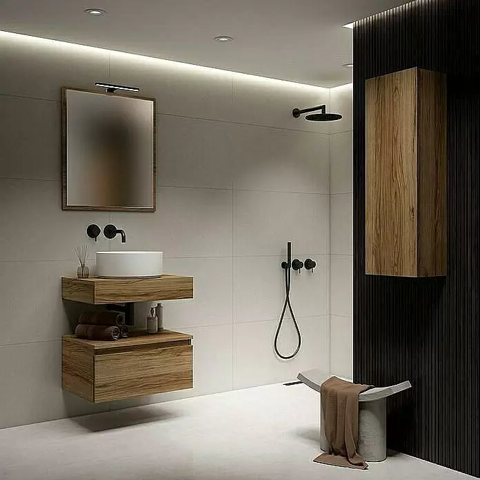 Mueble bajo de lavabo Aidan - L x An x Al: 45 x 60 x 30 cm, Teka - Mueble de baño flotante de madera con lavabo y armario alto de madera a juego.