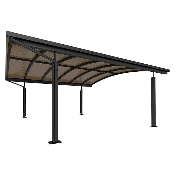 Allview Carport Cubus Lange Ausführung (Doppel) - Außenmaß inkl. Dachüberstand (B x T): 5,78 x 5,52 m, Grau - Bild eines modernen Terrassenüberdachung mit einer dunklen Rahmenkonstruktion und einer bogenförmigen, transluzenten Abdeckung.