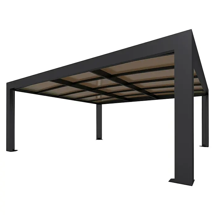 Carport Cubus - Außenmaß inkl. Dachüberstand (B x T): 5,8 x 5,5 m, Doppelcarport, Grau - Das Bild zeigt eine moderne Pergola mit einem stabilen, dunklen Rahmen und einer hellen Dachkonstruktion. Perfekt für den Garten oder die Terrasse.