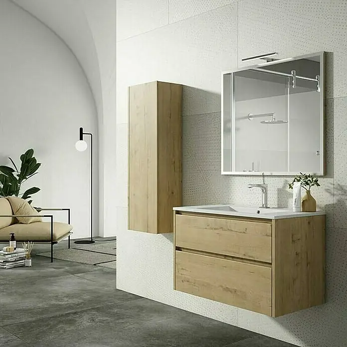 Mueble bajo de lavabo Iris 2C - L x An x Al: 45 x 100 x 50 cm, Nogal - Elegante baño con mueble de lavabo de madera, armario alto y espejo. El diseño moderno añade un ambiente cálido a la habitación.