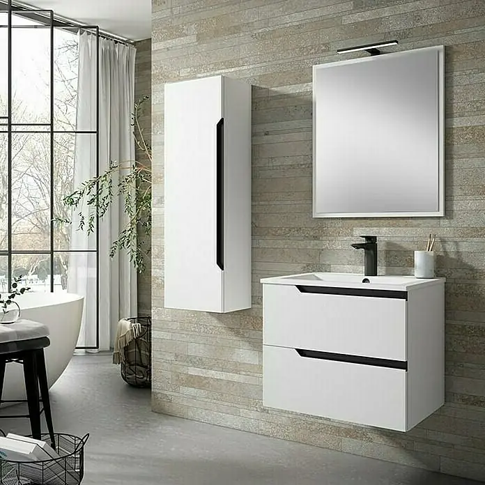 Mueble bajo de lavabo Nilo - An x Pr x Al: 60 x 45 x 50 cm, Blanco - Interior de baño elegante con mueble de lavabo blanco, armario alto y espejo. El mobiliario tiene un diseño moderno y funcional.