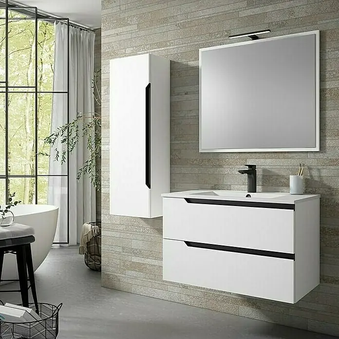 Mueble bajo de lavabo Nilo - An x Pr x Al: 80 x 45 x 50 cm, Blanco - Conjunto de baño moderno con mueble de lavabo blanco y armario con espejo a juego para un interior elegante.