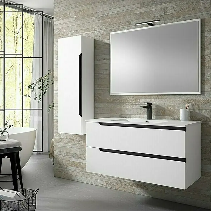 Mueble bajo de lavabo Nilo - An x Pr x Al: 100 x 45 x 50 cm, Blanco - Interior de baño moderno con un elegante mueble de lavabo con cajones y un armario con espejo a juego en blanco.