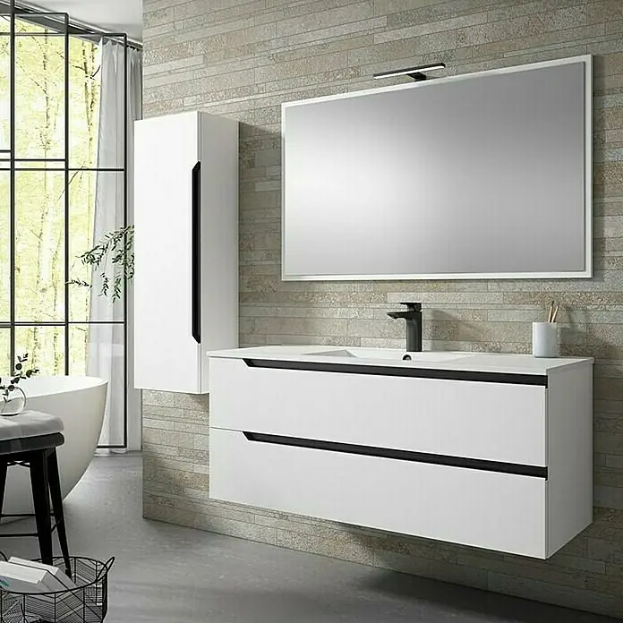 Mueble bajo de lavabo Nilo - An x Pr x Al: 120 x 45 x 50 cm, Blanco - Interior de baño moderno con mueble de lavabo blanco y espejo a juego para un diseño elegante y pulido.