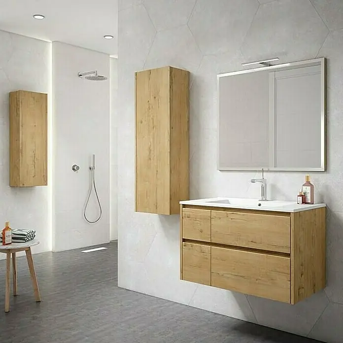 Mueble bajo de lavabo Rose - L x An x Al: 45 x 80 x 50 cm, Nogal - Un baño moderno con mueble de lavabo, armario con espejo y espejo iluminado. El diseño es sencillo y elegante.