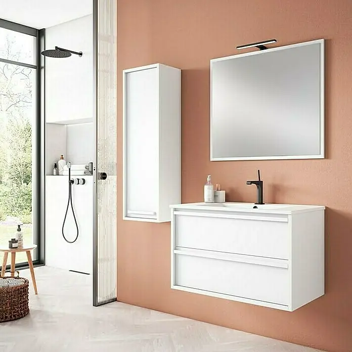 Mueble bajo de lavabo Línea - L x An x Al: 45 x 100 x 50 cm, Blanco - Vista de baño moderno con mueble de lavabo blanco, un armario con espejo a juego y un espejo grande.