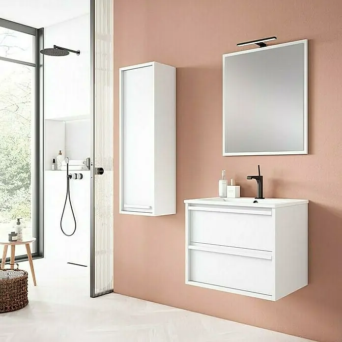 Mueble bajo de lavabo Línea - L x An x Al: 45 x 60 x 50 cm, Blanco - Interior de baño con mueble de lavabo blanco, armario con espejo y armario alto frente a pared rosa. Diseño moderno para un baño elegante.