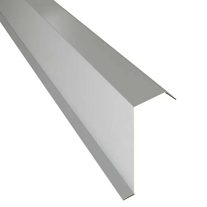 Metdach Kantenwinkel H12 - Silber, Länge: 100 cm, Stahl - Nahaufnahme einer grauen, abgewinkelten Metalleinfassung, ideal für Bauanwendungen, die Schutz und ein sauberes Finish bieten.