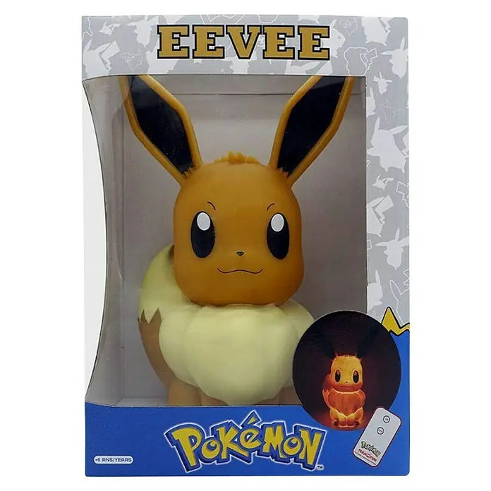 Lámpara LED decorativa Eevee - L x An x Al: 21,5 x 14,5 x 32,5 cm - Una luz nocturna de Eevee en su embalaje, con el logotipo de Pokémon y el control remoto visibles. Una luz linda y ambiental para los fanáticos de Pokémon.