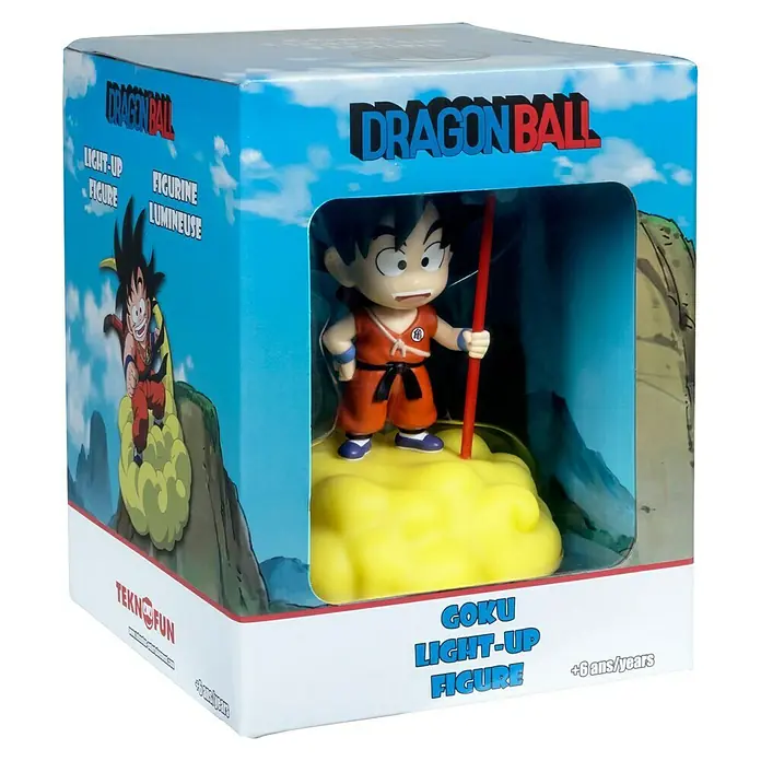 Lámpara LED decorativa Goku en nube - L x An x Al: 14,5 cm x 12 mm x 16 cm - Lámpara Dragon Ball Goku en su embalaje original. La lámpara tiene la forma de una figura de Goku sobre una nube amarilla.