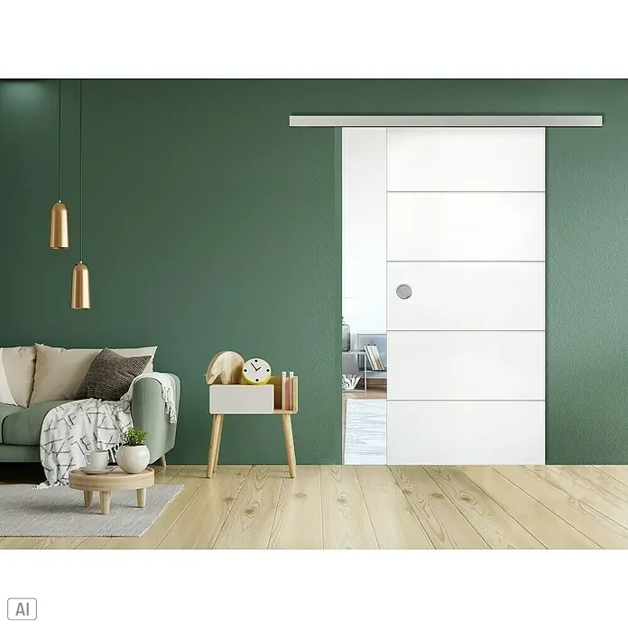 Diamond Doors Schiebetürbeschlag Linea 40 - Aluminium, Art Beschlag: Geschlossen, 1.900 mm, Passend für: Diamond Doors Holzschiebetüren - Das Bild zeigt eine moderne weiße Schiebetür, die teilweise geöffnet ist, mit horizontalen Akzenten und einem runden Griff. Sie harmoniert gut mit der grünen Wand.