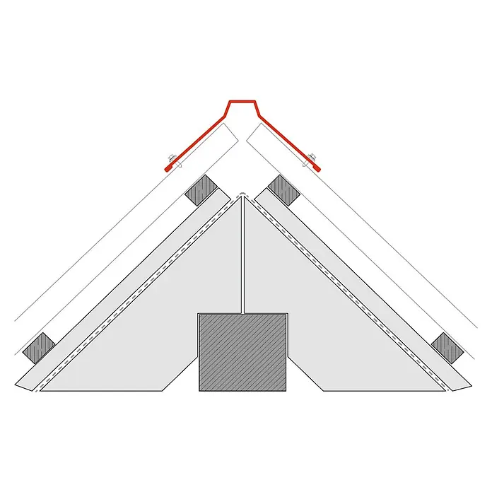 Metdach Dachfirst H12 - Silber, Länge: 100 cm, Stahl - Schematische Darstellung eines Daches mit roter Dachspitze, Schrauben und grauen Trägern für Bau- oder Reparaturprojekte.