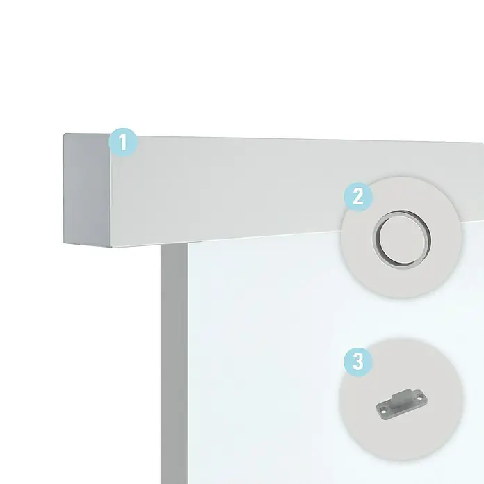 Diamond Doors Holzschiebetür-Beschlag Linea 40 Premium - Aluminium, Art Beschlag: Geschlossen, 1.900 mm - Nahaufnahme der Tür mit dekorativem Paneel (1), Stopper (2) und Führung (3), die eine elegante und praktische Lösung darstellen.