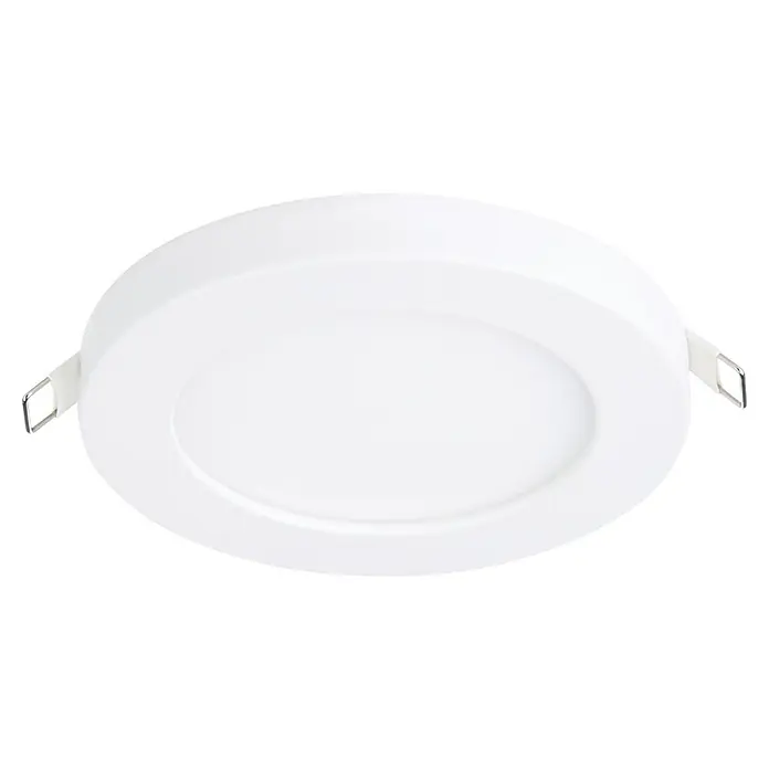 Eglo LED-Einbauleuchte FUEVA FLEX - 5,5 W, Weiß, Warmweiß - Nahaufnahme einer runden, weißen LED-Deckenleuchte mit silbernen Befestigungsclips vor schwarzem Hintergrund.