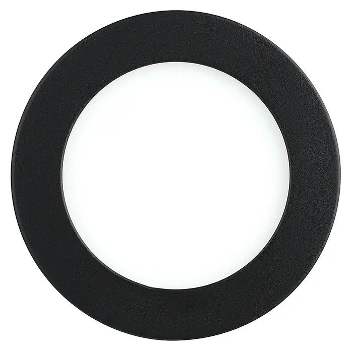 Eglo LED-Einbauleuchte FUEVA FLEX - 5,5 W, Schwarz, Warmweiß - Nahaufnahme einer runden LED-Deckenleuchte mit schwarzem Rahmen und weißem Licht, die eine moderne Beleuchtungslösung darstellt.