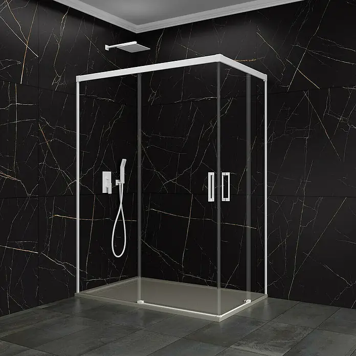 GME Mampara de ducha esquinera Basic Angular - L x An x Al: 100 x 115 x 196 cm, Vidrio transparente, Blanco - Cabina de ducha moderna con elegante marco blanco sobre pared de mármol oscuro, que encarna elegancia y diseño funcional.